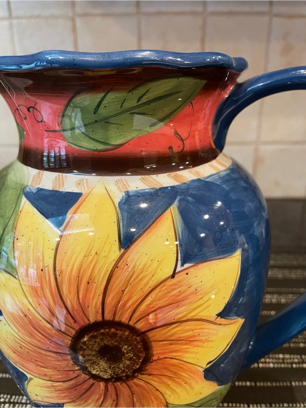 Jay Import Co. Vintage Stoneware Sunflower Pitcher, Cobalt Blue, Large Capacity - Picture 7 of 11